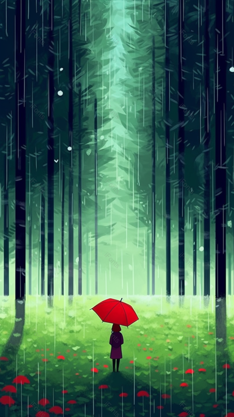 下雨天女孩撑着红伞坐走在树林里插画背景,插画/手绘图,插画/手绘图库,插画/手绘图下载,插画/手绘